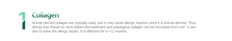 1 Collagen, Animal derived collagen are typically used, and it may cause allergic reaction since it is animal derived. Thus, allergy test should be done before the treatment and autologous collagen can be harvested from one’s own skin to solve the allergy issues. It is effective for 6~12 months.